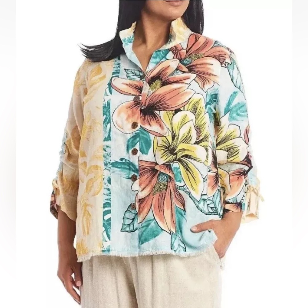John Mark 100% Linen Button Down Shirt Artsy  Art To Wear Raw Hem Large
